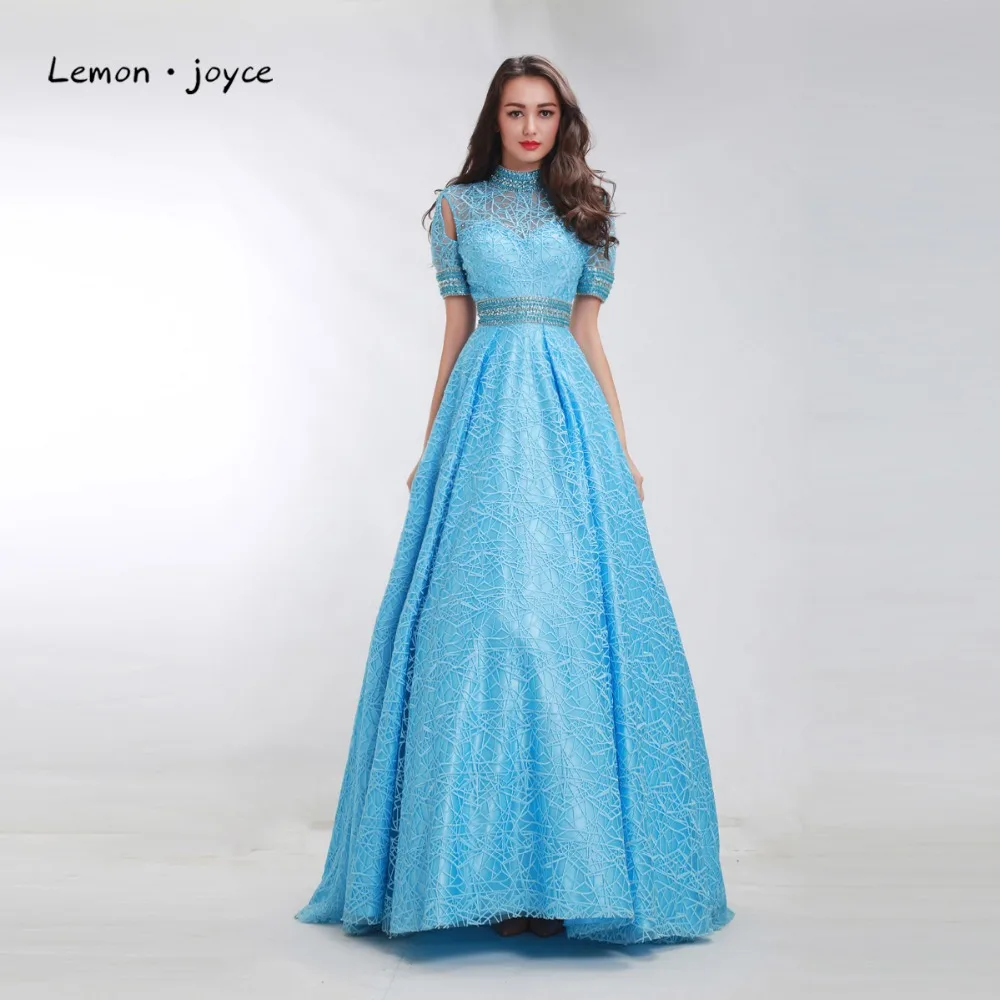 Синие Выпускные платья 2020 с коротким рукавом иллюзия трапециевидные вечерние