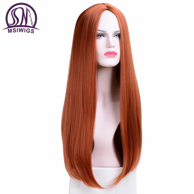 MSIWIGS Long Straight Wigs Synthetic Orange Color Women's Wig Cospaly Central Part Hair Silver Grey White Red Colour