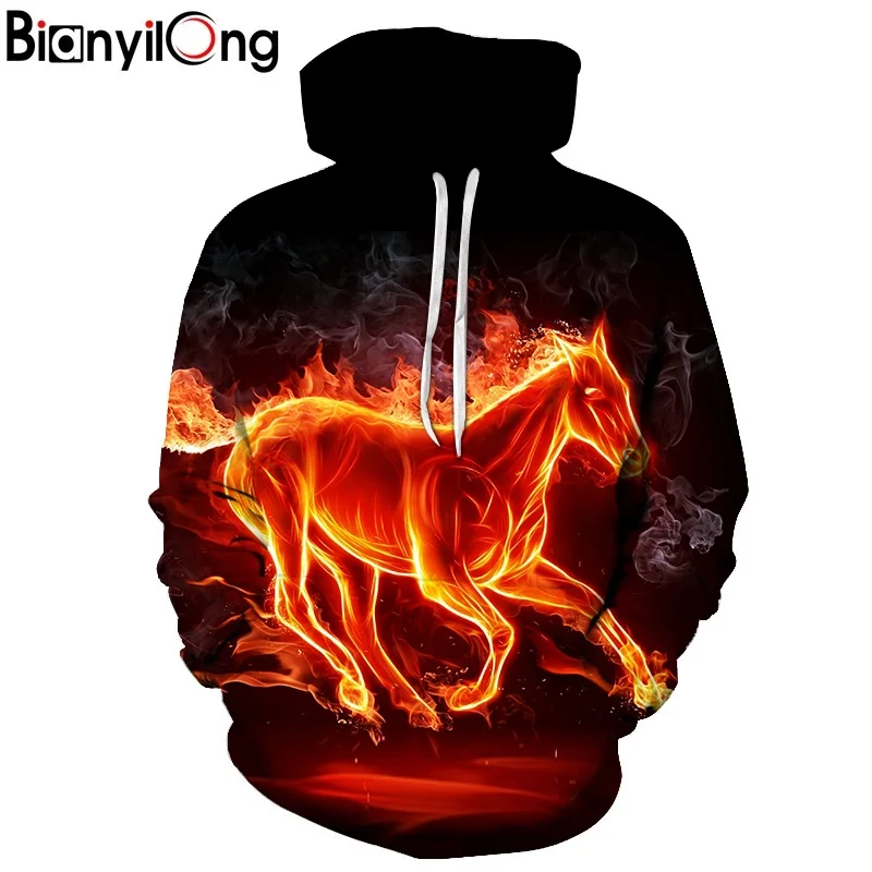 Bianyilong2018 НОВЫЙ Пламя лошадь печати Толстовки с капюшоном для Для мужчин/Для