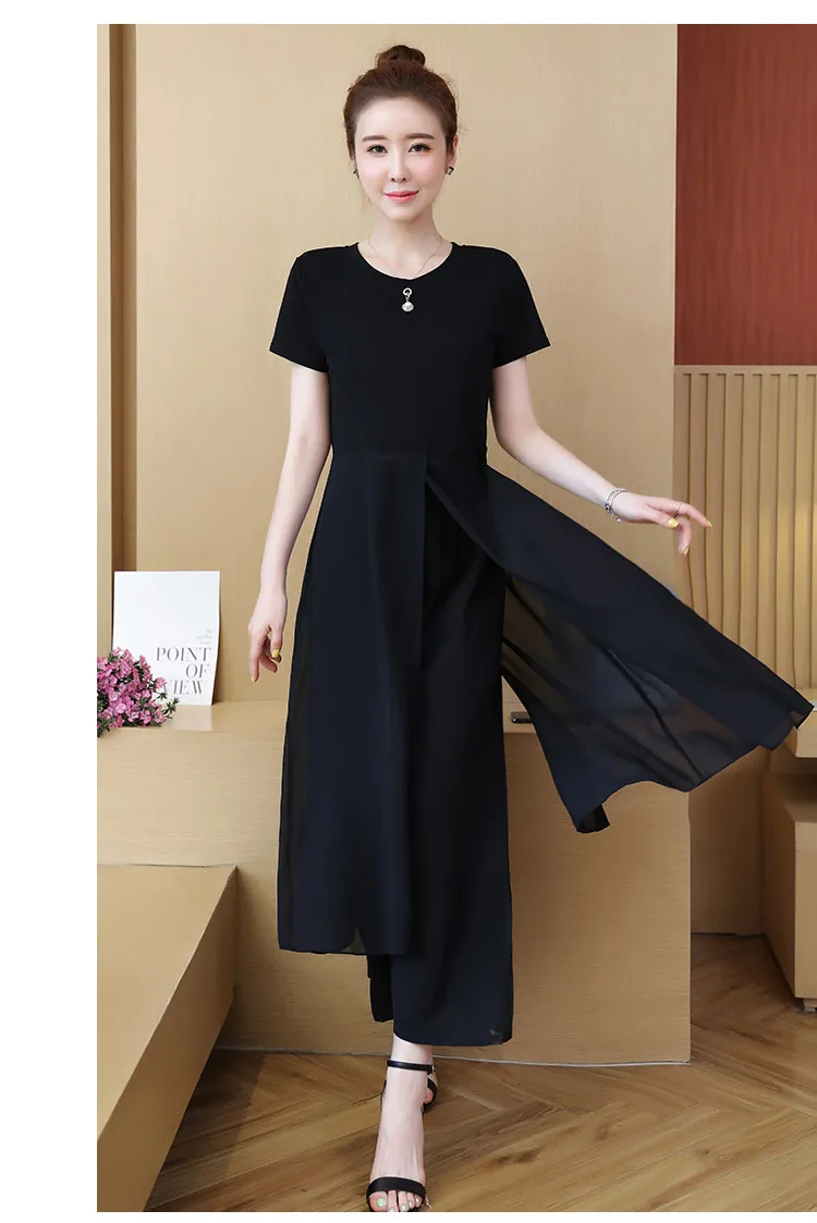 summer style two piece set top and pants plus size chiffon fork split long shirt + striped wide leg women special clothing | Женская