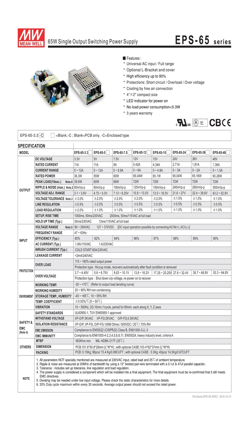 Meanwell EPS-65 блок питания с одним выходом ac dc PCB плата питания 35 Вт 3,3 В 5 в 7,5 в 12 В 15 в 24 в 36 в 48 в 8A 3A Мини Размер
