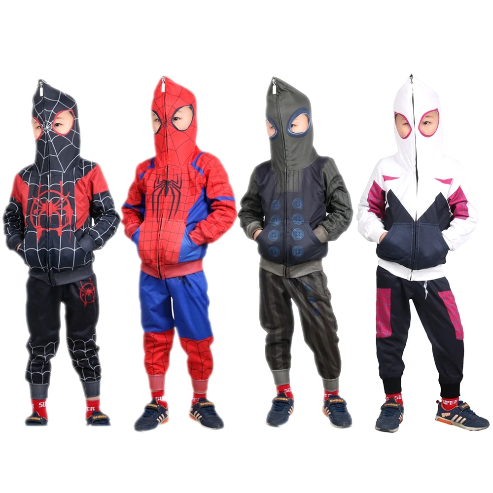 Miles Morales Costume Kids Spider Gwen Hoodie Spider-Verse Stacy Cosplay Boys Girls Spider Suit Man Hoodies Jacket Pants Set 