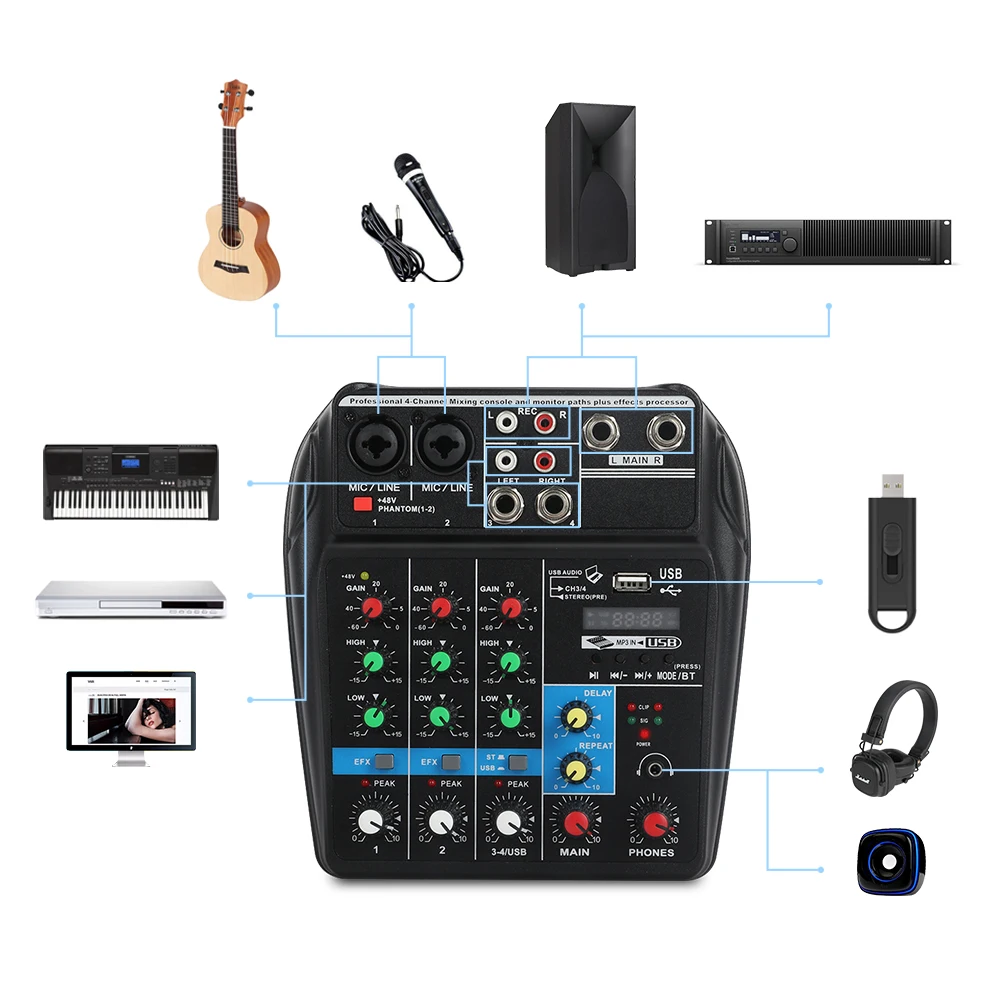 4-канальный аудиомикшер A4 звуковая микшерная консоль с Bluetooth USB-записью 48 В