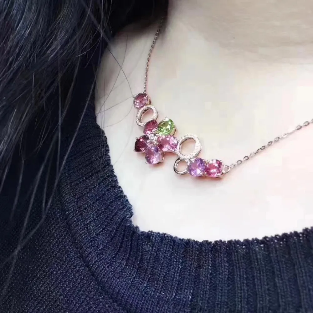 

Natural multicolored tourmaline Pendant necklace S925 silver Natural gem necklace Luxury flower circular round female jewelery