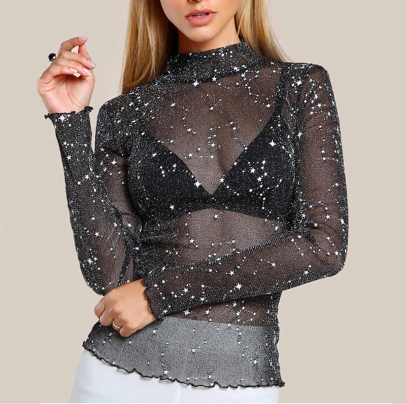 Женская облегающая блузка с длинным рукавом сетчатая прозрачная Элегантная