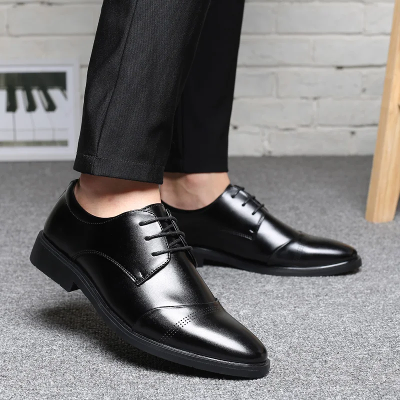 Туфли мужские кожаные заостренный носок на шнуровке дышащие деловые