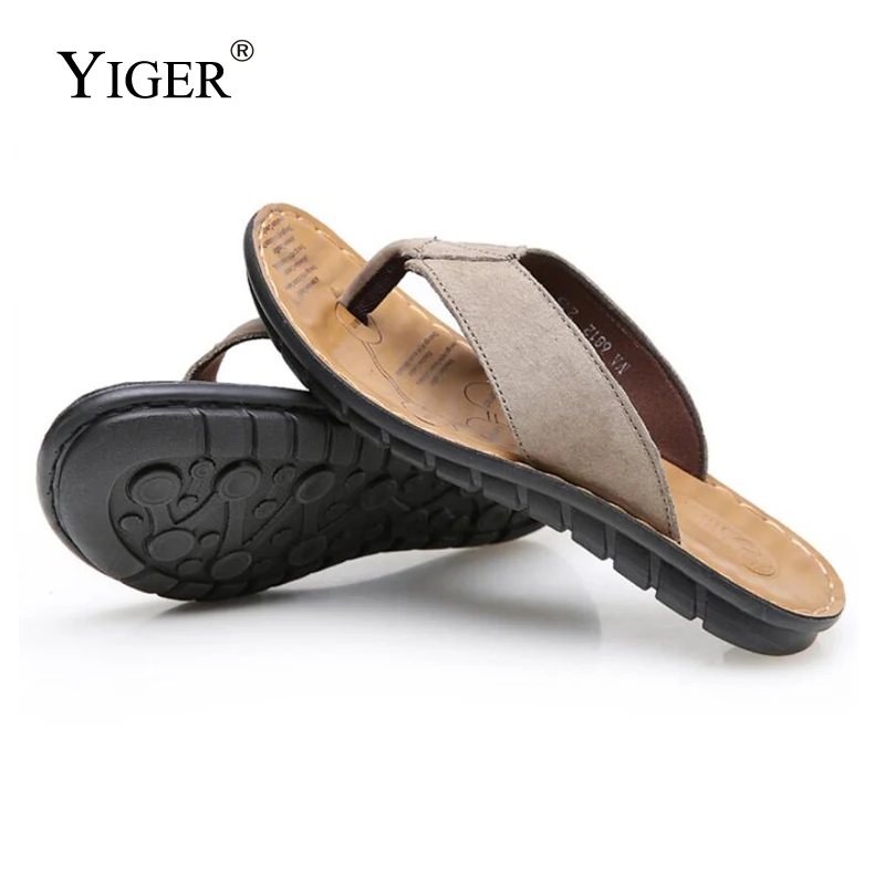 YIGER/Новые мужские шлепанцы летние из кожи Модные дышащие с мягкой подошвой