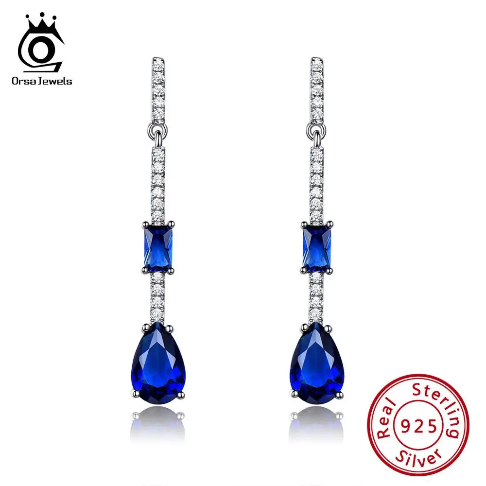 ORSA JEWELS Твердые стерлингового серебра 925 Женские бамбуковые стильные висячие серьги большой сапфир Новые висячие серьги женские ювелирные изделия VSE10