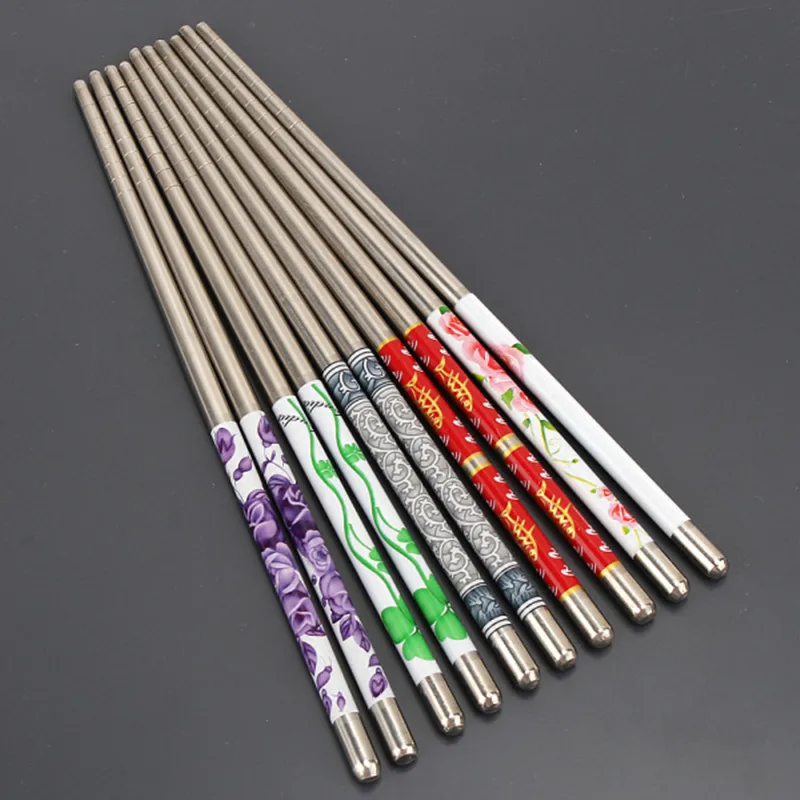 Китайские палочки для еды из нержавеющей стали с цветочным принтом 5 пар|chop