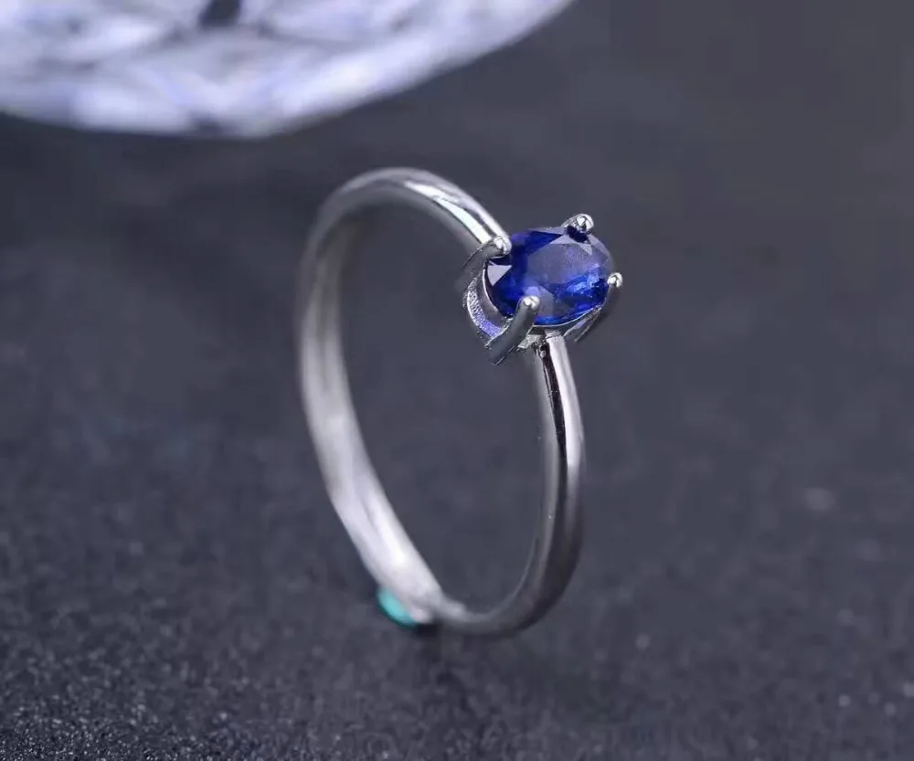 Кольцо с натуральным темно-синим сапфиром, камень в серебре 925 простое и элегантное, круглое, модное, женское украшение для офиса.