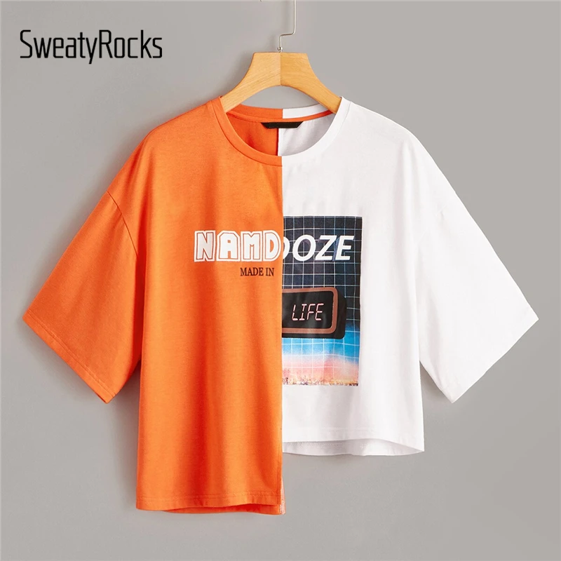 SweatyRocks, смешанный принт, два тона, асимметричная неоновая футболка, уличная одежда, короткий рукав, тройники,, летняя повседневная женская цветная футболка