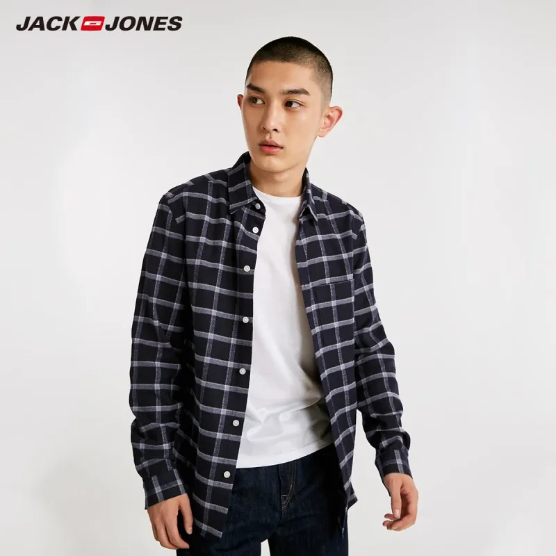 NIGHT SKY JackJones Мужская Осенняя эластичная хлопковая клетчатая рубашка с длинными рукавами 218405533 - Color: NIGHT SKY