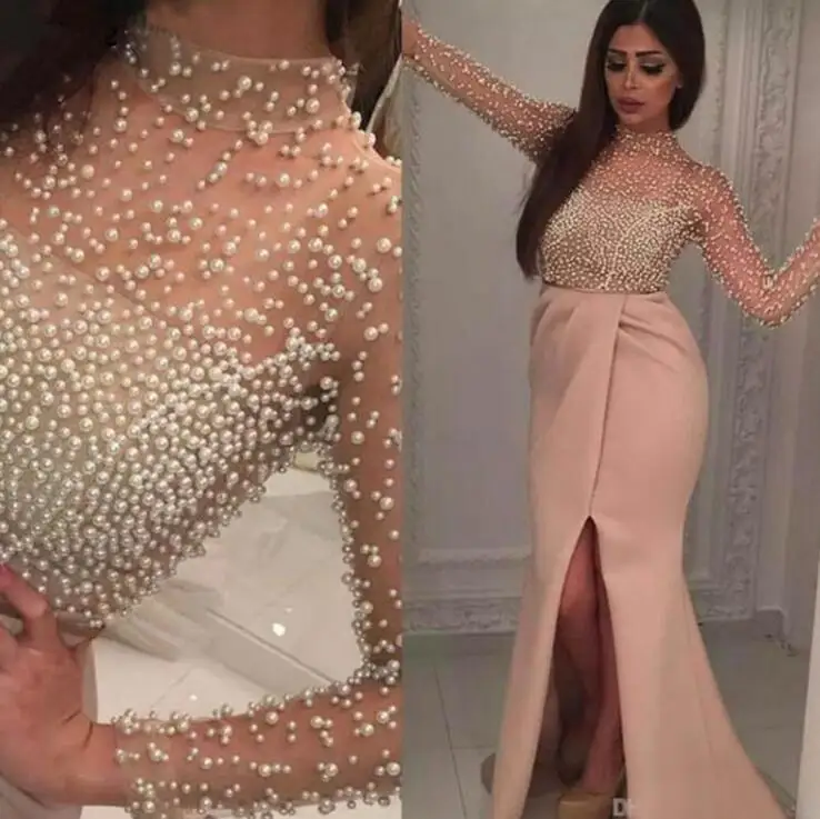 Robe de soiree, сексуальные вечерние платья, Русалка, иллюзия, длинный рукав, высокая горловина, жемчуг, Сауди, арабский, Формальное, выпускное, вечернее платье - Цвет: same as picture