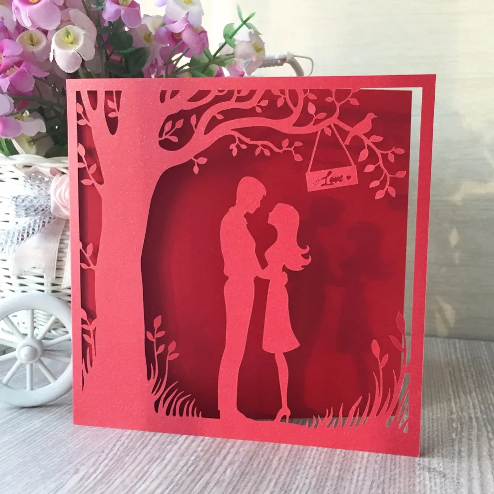 

30Pcs Free Shipping Chinese Red Romantic Wedding Party Event Invitation Card Birthday Party Love Tree Wedding Invitation Cards