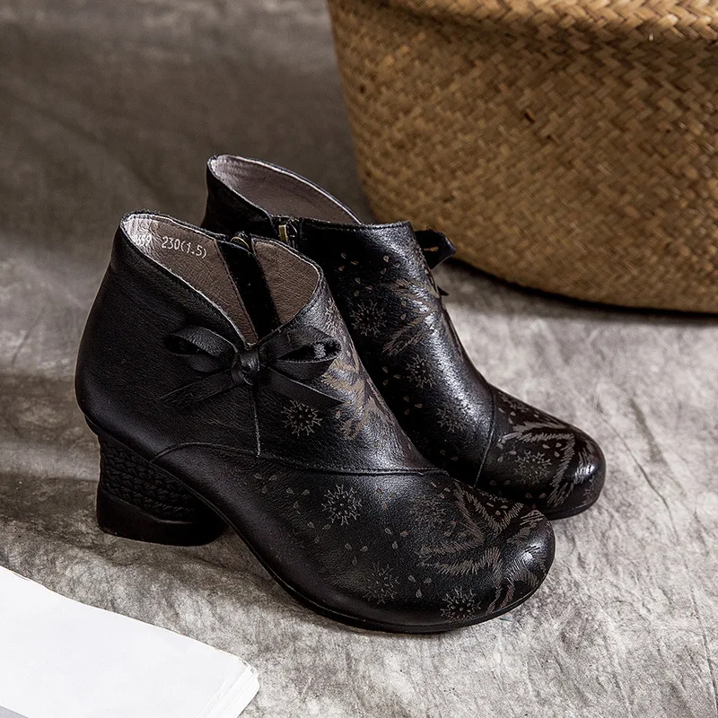 

Johnature 2021 New Retro Genuine Leather Comfortable Round Toe Solid Sewing Ankle Boots For Women High Heel Lady Shoes Wedge