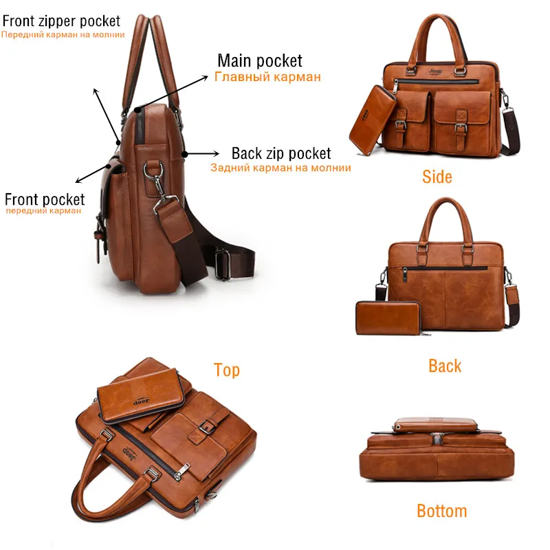 jeep buluo brand mansbusiness briefcase bag 2pcsset split leather high quality men office bags for 13 3 inch laptop a4 causel free global shipping