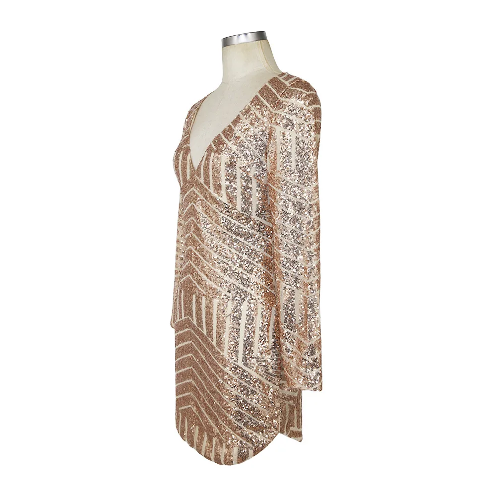 

2019 New Autumn Winter Long Sleeve Sexy Deep V Neck Mini Sequin Dress Women Bodycon Vestidos Ladies Bandage Club Party Dresses