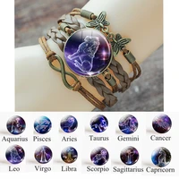 12 zodiac signs punk rope leather bracelet bangles pisces aries gemini leo scorpio constellation bracelet for women jewelry gift
