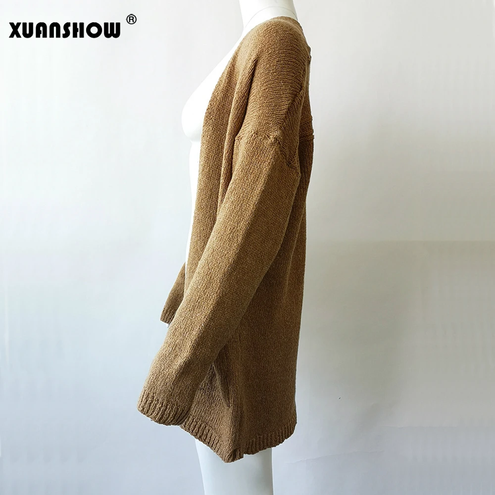 XUANSHOW Sueter Mujer Invierno осенний Однотонный женский длинный кардиган, хлопковый Свободный вязаный свитер с открытой строчкой размера плюс 5XL