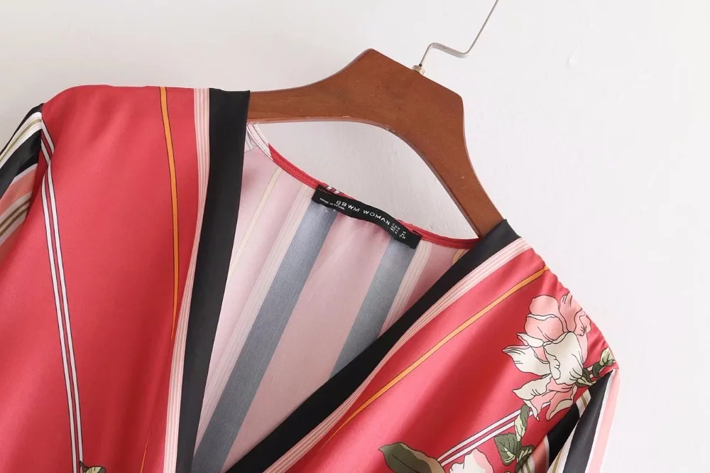 2018 Женские винтажные пикантные V шеи Лоскутная Floral Print Kimono мини-платье модные