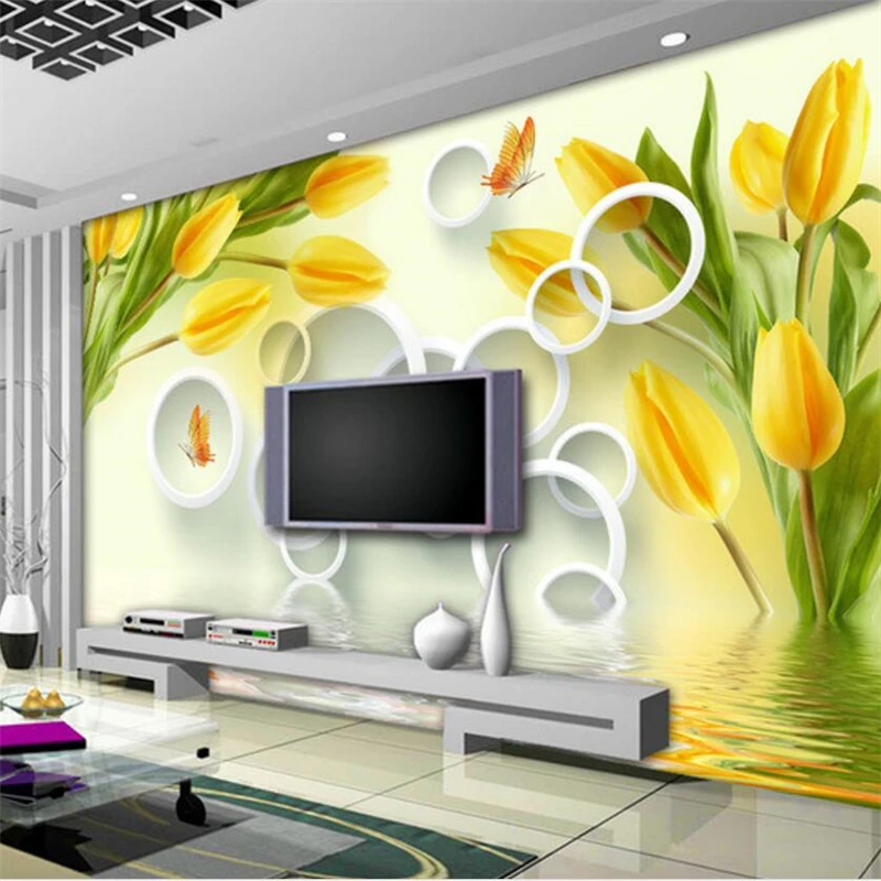 3d обои fresco Желтое отражение тюльпана Стерео ТВ фон гостиная спальня обои|wall