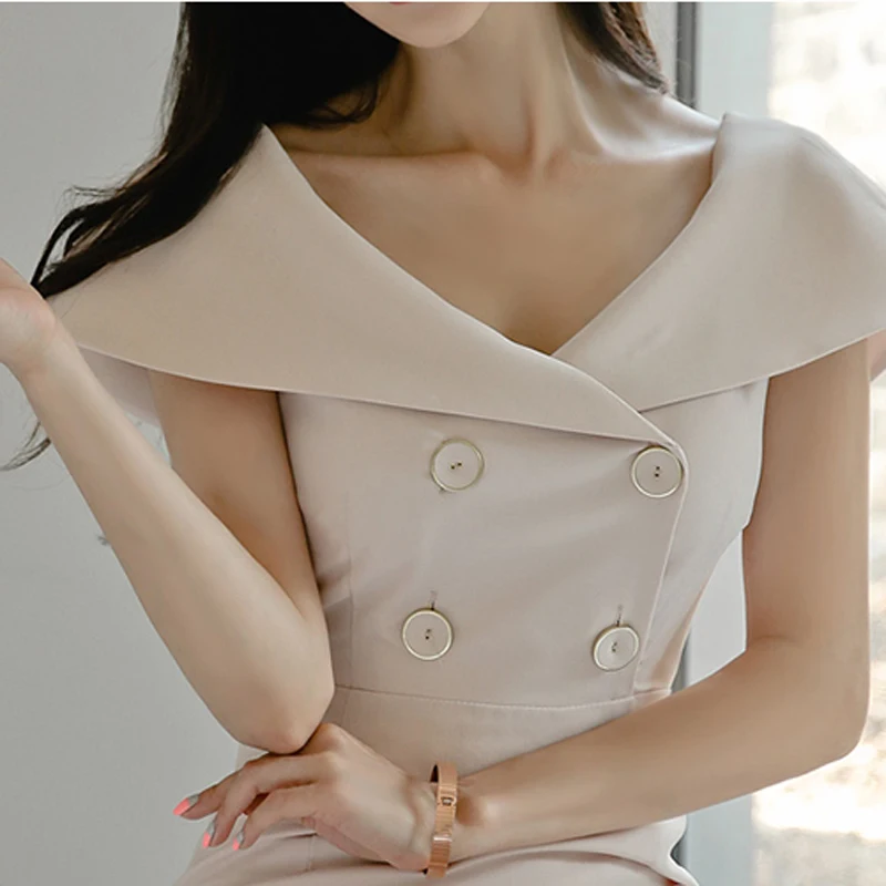 Office Ladies Summer Dress V-neck Front Button Knee-length Women Elegant Slim Waist Female Vestidos robe femme 2019 | Женская одежда