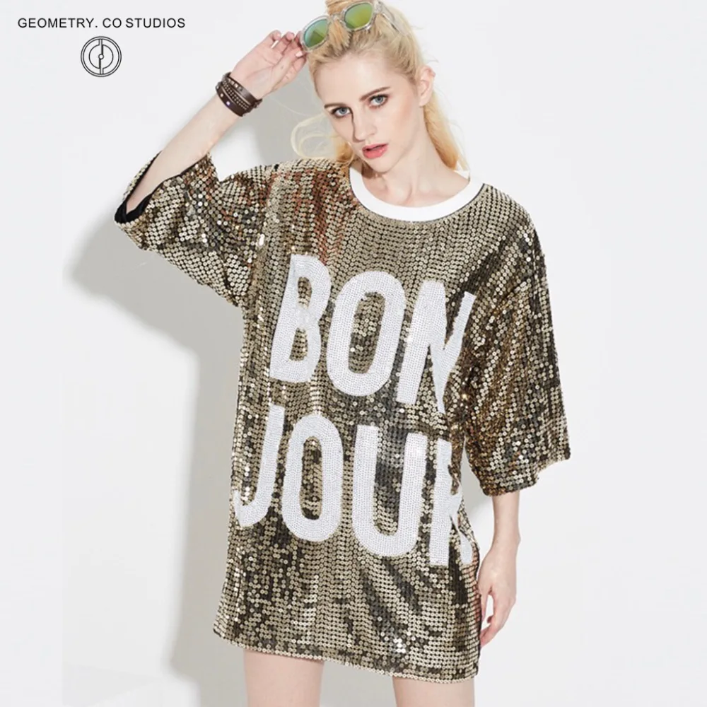 2018 Новое свободное платье большого размера с буквенным номером и блестками для