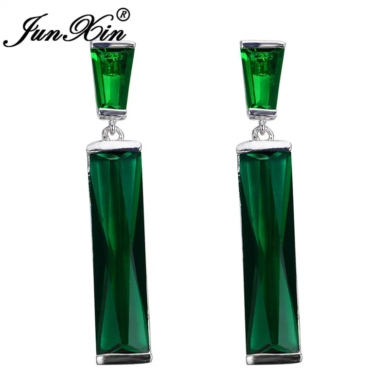Green Earrings JUNXIN Mystic Fire камень рождения прямоугольные Висячие серьги для женщин 925 серебро розовое золото Заполненные Фиолетовый Синий Белый циркон серьги CZ - Окраска металла: Green Earrings