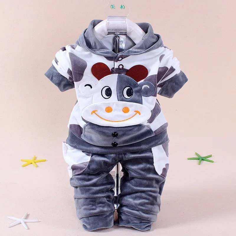 Spring Girls Boys Clothes Kids Set Velvet two years baby girl clothes Cartoon T Shirt Hoodies Pant Velour Children girls cow set | Детская