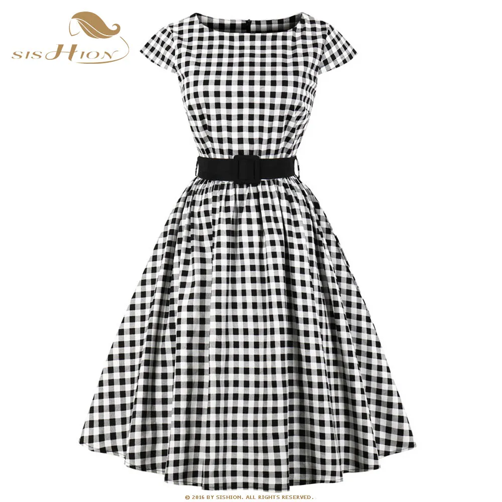 

SISHION Retro Vintage Dress 2022 Women Short Sleeve Elegant Black Casual Summer Plaid Dresses VD0710