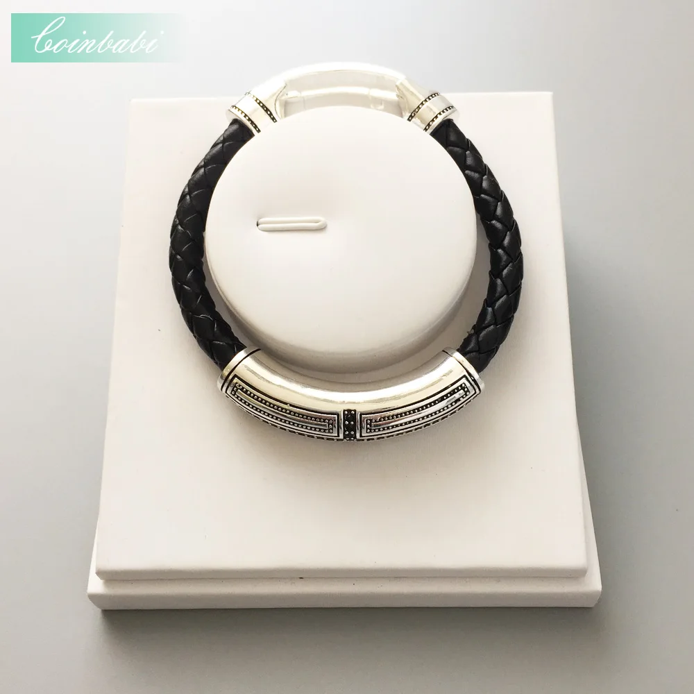 Кожаный браслет для мужчин с черным перекрестным креплением Sharp 925 стерлингового