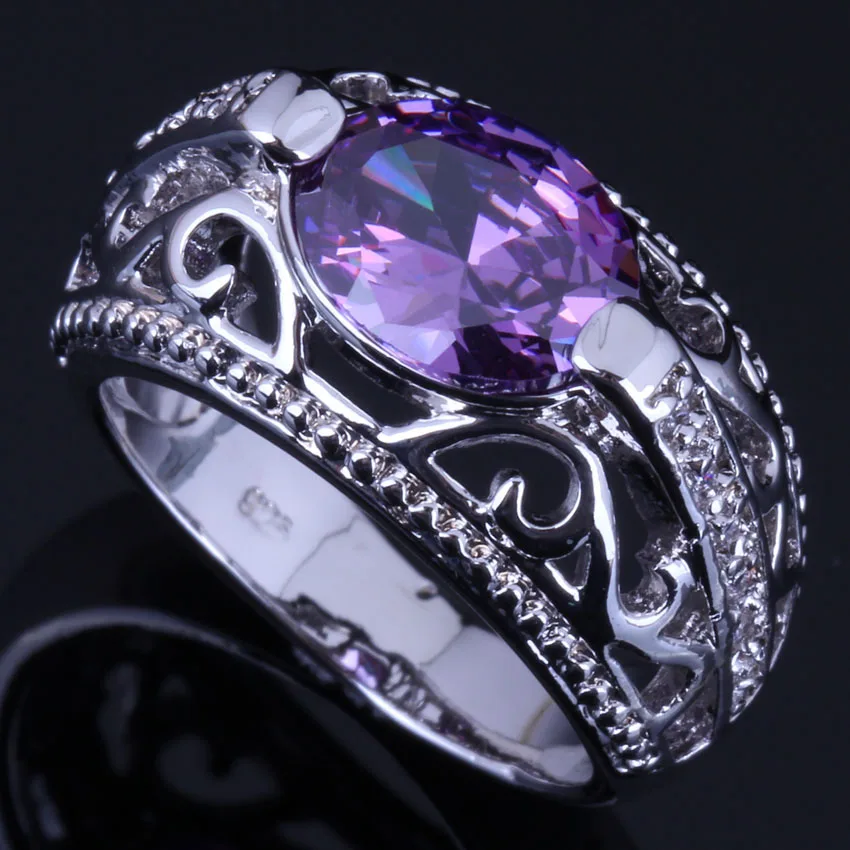 

Elegant Oval Purple Cubic Zirconia White CZ Silver Plated Ring V0646