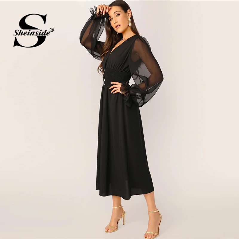 Sheinside Elegant V Neck Button Detail Dress Women Spring Mesh Lantern Sleeve Patchwork Dresses Ladies Solid A Line Dress