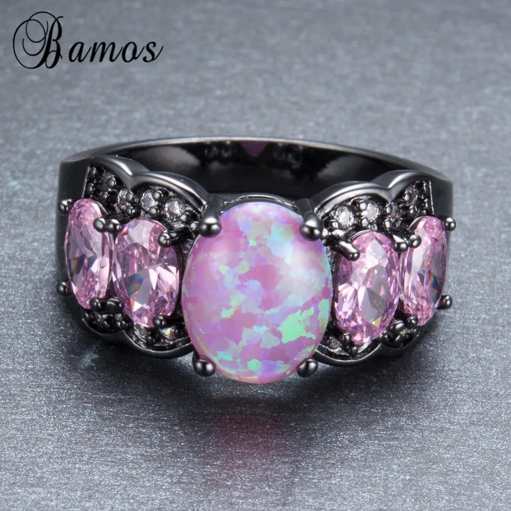 Женское кольцо Bamos с овальным розовым огненным опалом черное Золотое обручальное