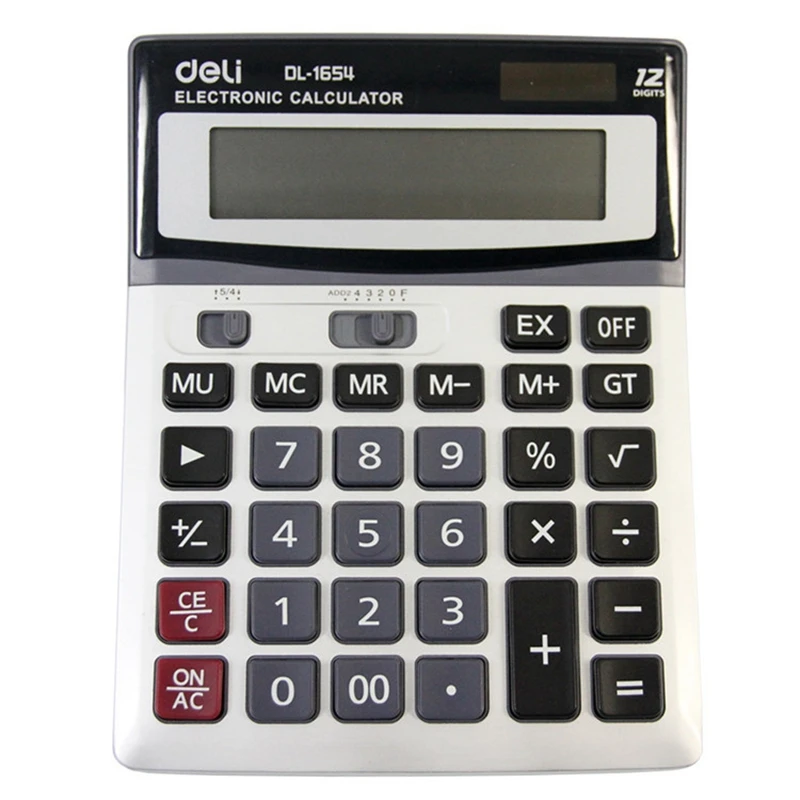 Deli 1654 12 Digits large display dual power calculator Auto power off metal panel solar & AA battery retail packing
