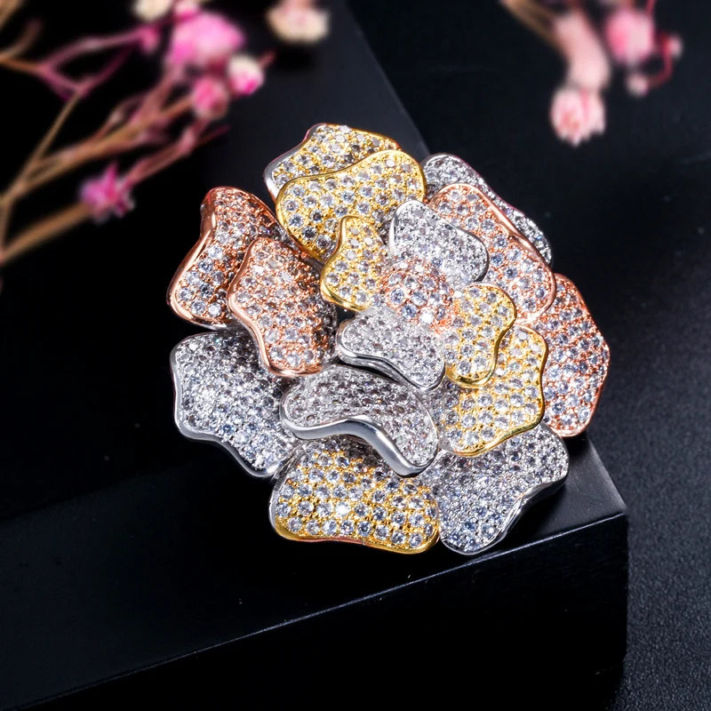 CWWZircons 3D дизайн Смешанные серебро и розовое золото цвет фианит большой Роскошные Свадебная вечеринка Цветок Броши Для для женщин BH009