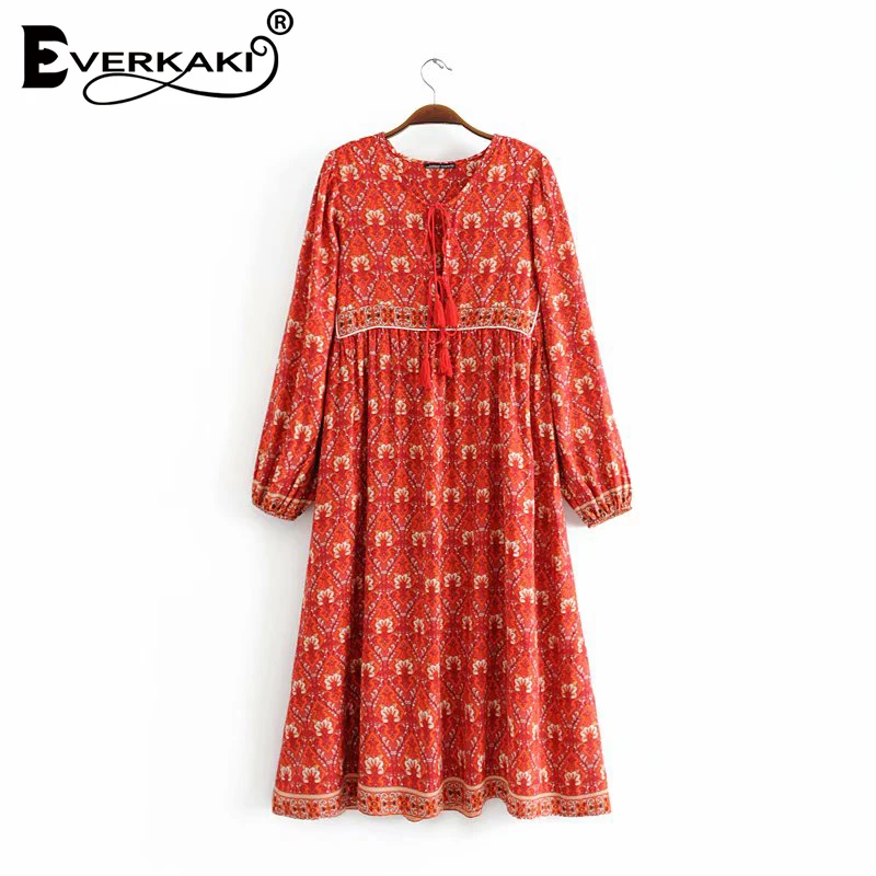 Everkaki Gypsy длинное женское платье с кисточками в стиле бохо длинным рукавом круглым