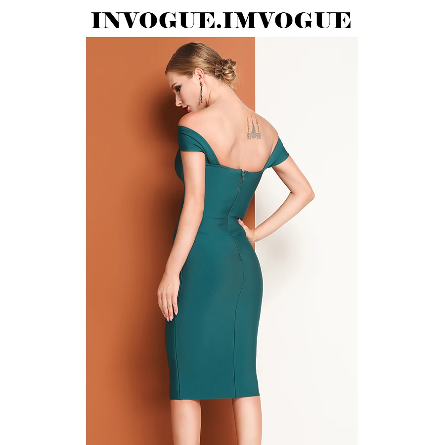 INVOGUE. Женское облегающее платье с открытыми плечами IMVOGUE однотонное до колена