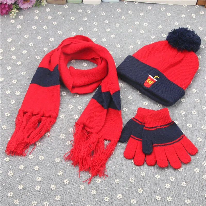 red drink Детский зимний шарф, шапка, перчатки, комплект для детей, вязаные шапки, шарфы, перчатки, комплекты из 3 предметов, шапка с помпоном для мальчиков и девочек, Детский Теплый костюм - Цвет: red drink