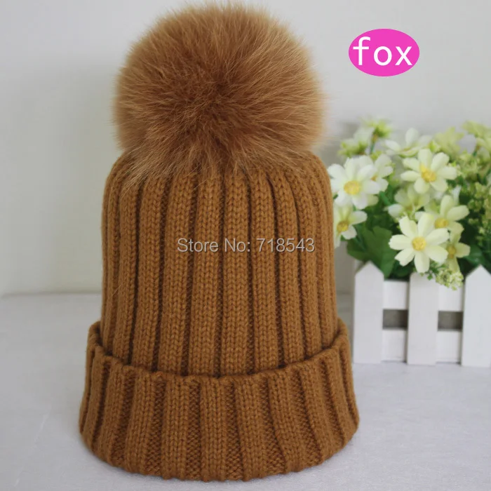 Женская теплая вязанная шерстяная шапка с большим помпоном из меха лисы.|beanie caps