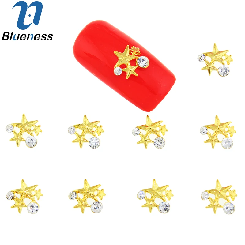 10 Pcs/Lot DIY 3 Stars Design 3D Fashion Gold Alloy Nail Art Charms Rhinestones Decorations For Nails Beauty Studs TN1647 | Красота и