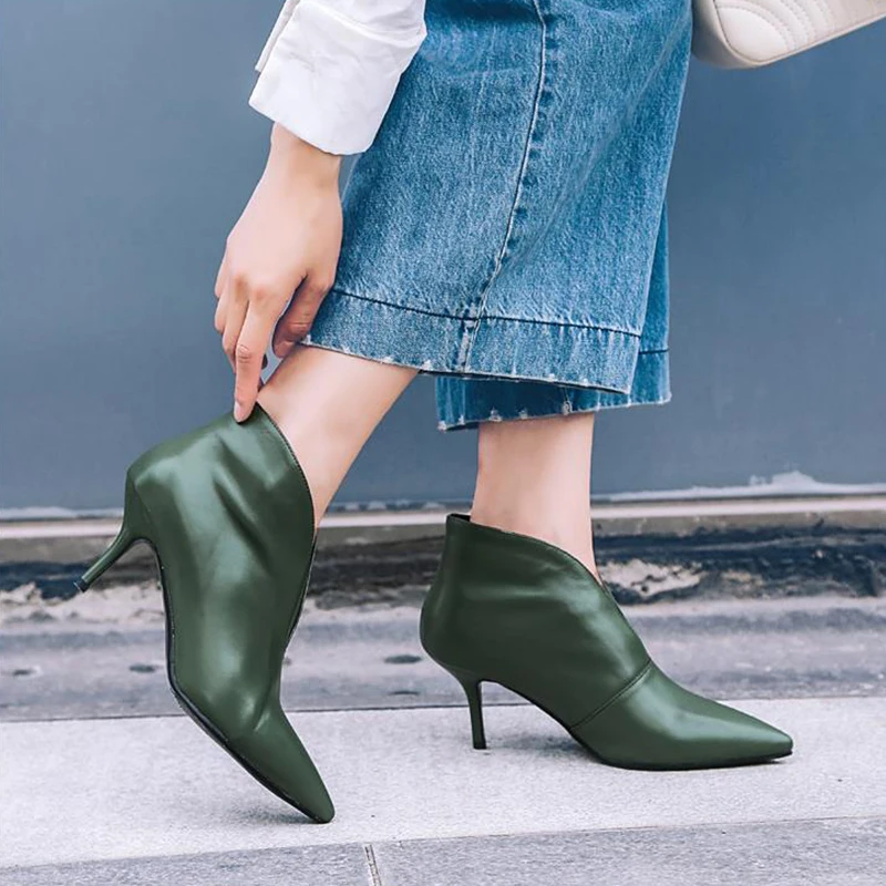 Женские ботильоны из натуральной кожи на тонком каблуке с острым носком|leather ankle