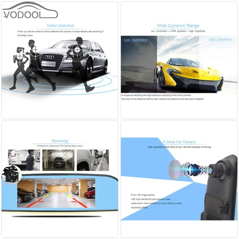 7&ampquot 1080P Dual Glass Lens Car DVR Camera Rearview Mirror Backup Digital Video Recorder Auto Night Vision Dash Cam Camcorder |