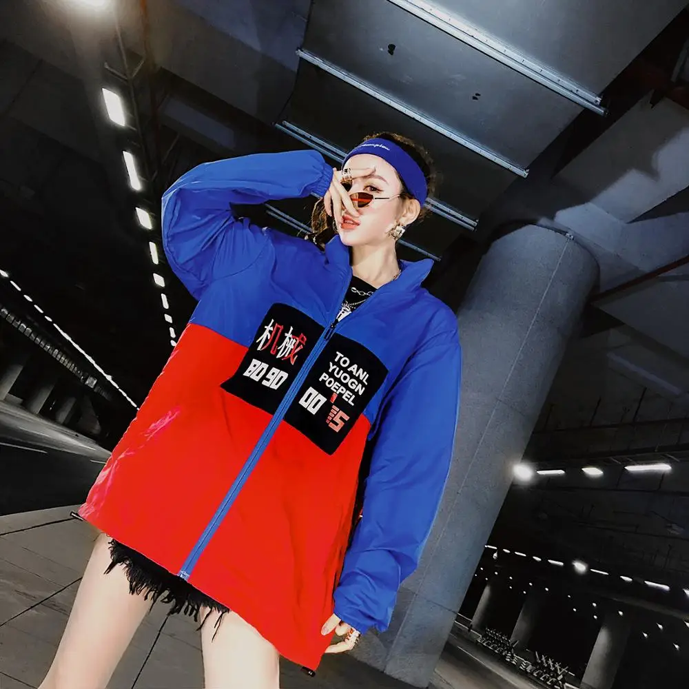

Patchwork Jacket Women Harajuku Color Block Cool Streetwear Hip Hop Hooded Thin Coat Leisure Korean Style Preppy Style Outwear