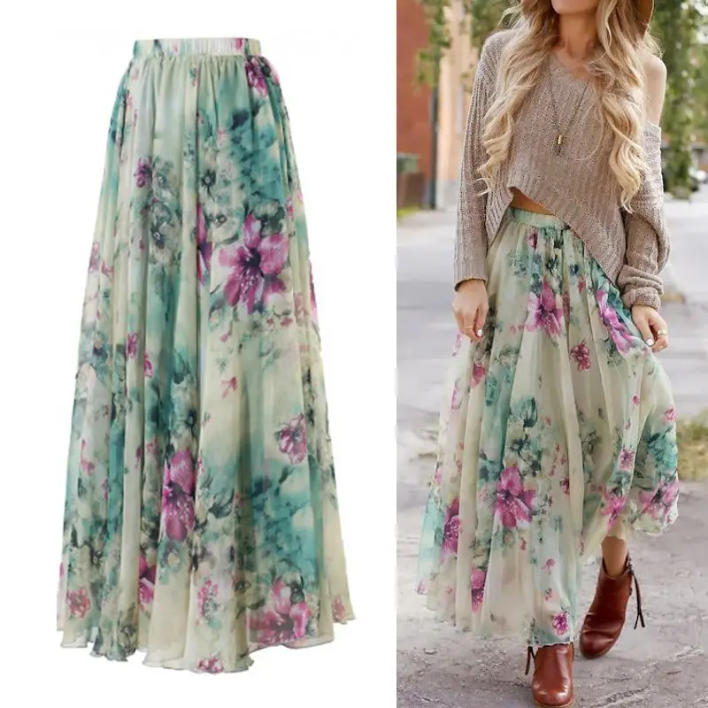 

Womens Ladies Summer Floral Boho Chiffon Skirts Evening Long Maxi Skirt