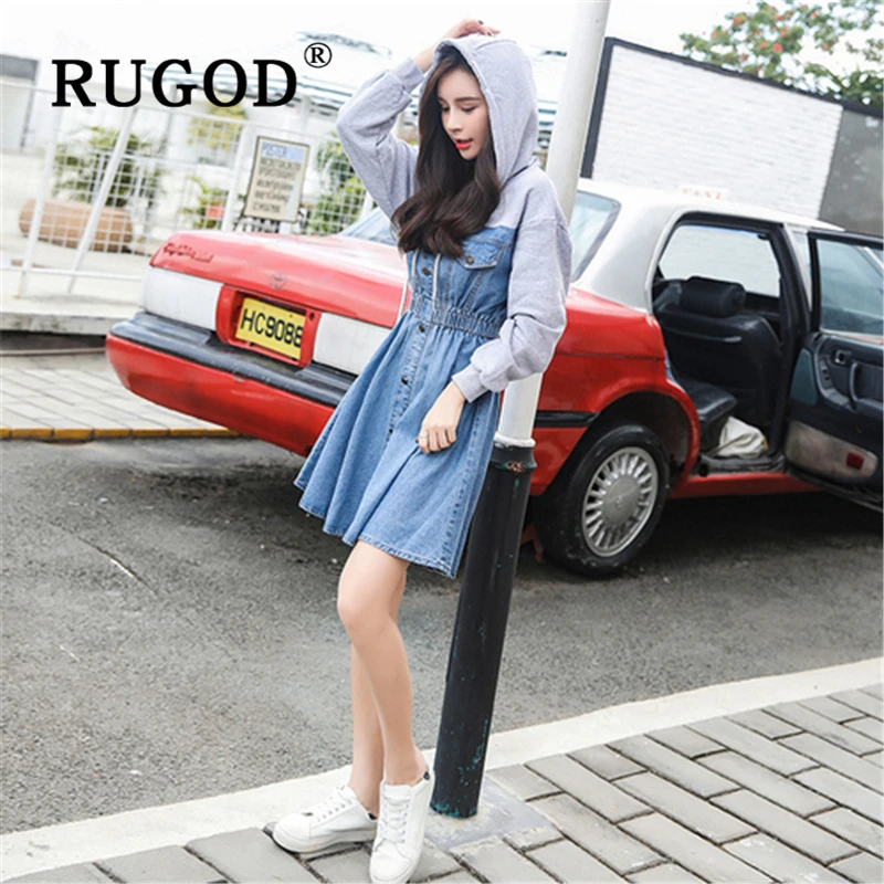 RUGOD-джинсовое платье для женщин элегантное джинсовое с длинными рукавами и