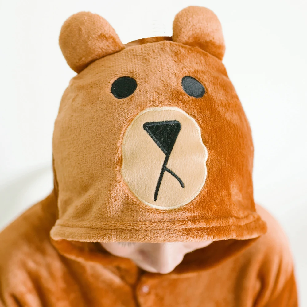 Brown bear Pajamas Sets Winter Autumn Sleepwear Unisex Adult Flannel Hooded Cartoon Animal Onesie For Women Men Girls | Женская одежда