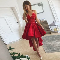 red high low cocktail dresses 2022 sexy spaghetti lace and satin evening gowns ruffles cheap prom party dress