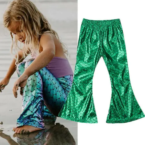 2019 Kid Girls Shiny Mermaid Pants Flare Bottom Leggings Metallic Fish Scale Fancy Clothing Party New | Детская одежда и обувь