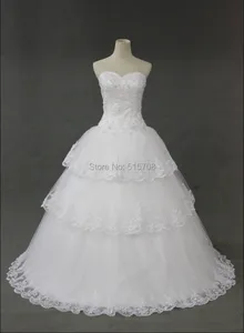 Real Photo Ball Gown Wedding Dresses Sweetheart Sweep Train Lace Up Lace Apllique Cheap Sexy Church Garden Bridal Dress